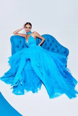 Alice + Olivia Blue Doja V-neck Tiered Tulle Dress Size 6 NWOT - Image 1 of 4