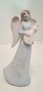 VINTAGE 5" PORCELAIN ANGEL WITH MANDOLIN LT BLUE DRESS WITH FLORAL PATTERN - Picture 1 of 9