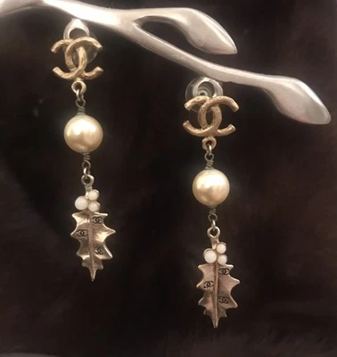 CHANEL Genuine Authentic Statement Earrings Long Leaves Golden Pearls & CC Logos - Image 1 of 4