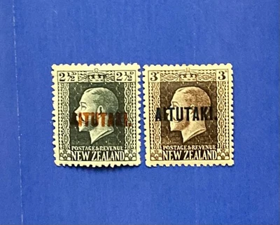 Estampillas de Aitutaki de isla remota de la Primera Guerra Mundial 1916 en Nueva Zelanda KGV Scott # 23-24, MH Foto 1 de 3