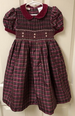 Vintage Laura Ashley Silk Smocked Plaid Dress Velvet Trim Girls 4T Christmas - Image 1 of 4