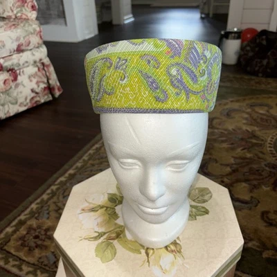Vintage Neiman Marcus Pillbox Style Hat Green& Purple Paisley - Image 1 of 4