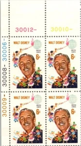 US STAMP VINTAGE POSTAGE : Scott#1355 WALT DISNEY 1969 6c Plate Block 4 *MNH - Picture 1 of 1