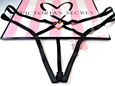 VICTORIA'S SECRET VERY SEXY Black V-String Thong Panty Heart Hardware Open Front - Image 1 of 4
