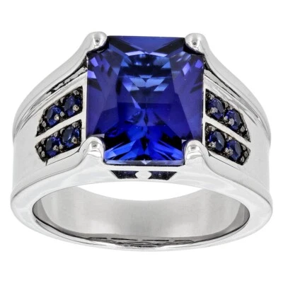 6.78 克拉翡翠切割蓝色蓝宝石 14K 白金结婚戒指男式戒指 — 第 1/4 张图片