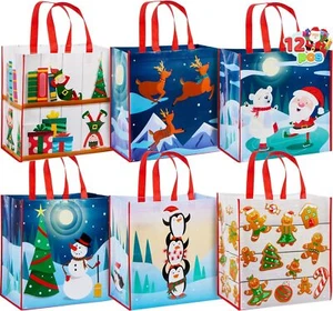 12 PCS 13.75" x 14" Christmas Large Tote Bags Holiday Reusable Grocery Bag - Picture 1 of 24