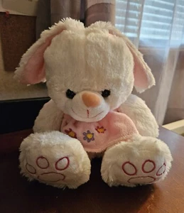 Small 10in Stuffed Easter Bunny Girl Pink Floppy Ears Pink Dress Flowers - Picture 1 of 7