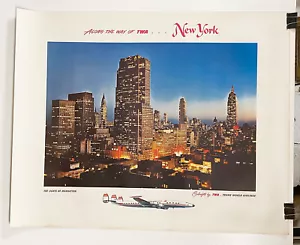 Original TWA 1950s New York Travel Poster, Constellation image Manhattan Skyline - Picture 1 of 2