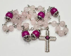 Anglican Prayer Beads Protestant Rosary Pink Quartz Stone Bead Silver Tone Cross - Picture 1 of 5