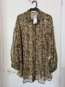 Size Large Black Brown Animal Print Shirt With Pocket And Side Slits - Picture 1 of 2