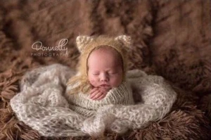 Angora Kitty Bonnet Striped Ears Newborn Photo Props Knitted Baby Hat 0-3 Month - Picture 1 of 4