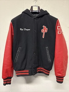 Varssity Letterman Jacket Mens Large Black Red Dragon RDS Skate Wool Leather - Picture 1 of 22