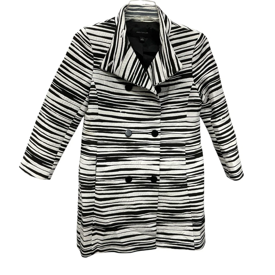 Abrigo Ann Taylor Mujer Negro Blanco Cebra Tigre Rayas Estampado Doble Pecho M Foto 1 de 4