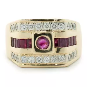 14 Karat Yellow Gold Diamond and Ruby Three Row Signet Style Ring - Picture 1 of 4