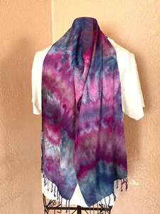 Rayon Scarf hand dyed ice dyed brilliant colors blues/ purples - Picture 1 of 2