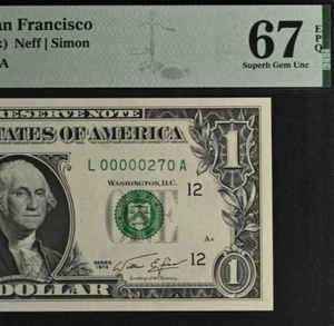 1974 $1 Federal Reserve Note PMG 67EPQ gem birthday low serial number 00000270 - Picture 1 of 3