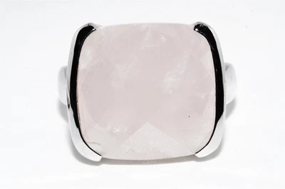 Anillo de cuarzo rosa con corte a cuadros natural de 22,00 quilates de plata de ley de $500,925 Foto 1 de 4
