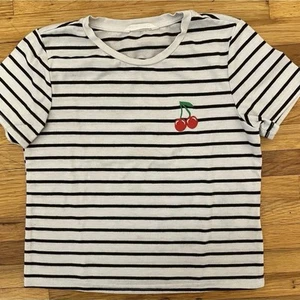 Shein Black White Striped Short Sleeve T-Shirt Embroidery Cherry Girls Size 8 - Picture 1 of 5