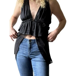 Anthropologie Flyaway Sleeveless Blouse Sz L V Neck Satin Chiffon Buckle EUC - Picture 1 of 13