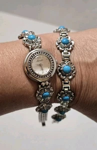 Lexington Ladies Wristwatch Bracelet Set Silvertone Faux Turquoise Stones 6.75" - Picture 1 of 24