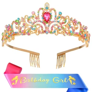 Birthday Crowns for Women Queen Crystal Tiara Sash Set Rhinestone Hair Headba... - Picture 1 of 6