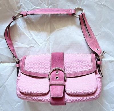 Bolso de Hombro COACH Signature Pequeño Rosa Cartera Lona Gamuza Plateado Herrajes Usado en Excelente Condición Foto 1 de 4