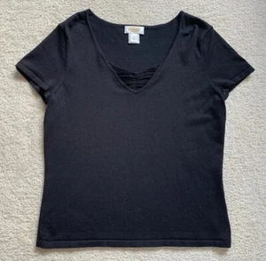 Talbots Silk Cashmere Blend Top Short Sleeve Womens L Black V Neck Quiet Luxury - Picture 1 of 8
