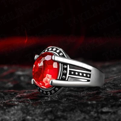 Anillo de plata de ley 925 ovalado de circón rojo para hombre joyería gótica vintage Foto 1 de 4