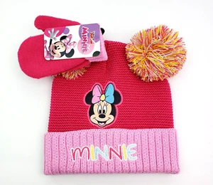 Disney Junior Minnie Mouse Toddler Girls OS Pink Knit Beanie Hat Mitten 2Pc Set - Picture 1 of 7