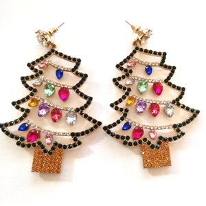 Large Glitzy Rhinestone Tree Earrings Ugly Christmas Sweaters Party Retro 3.5” - Picture 1 of 4