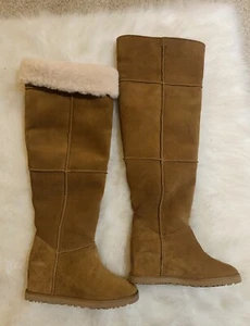 UGG Womens 6.5Femme Over The Knee Chestnut SUEDE Leather Fur Wedge Otk BOOTS - Picture 1 of 11