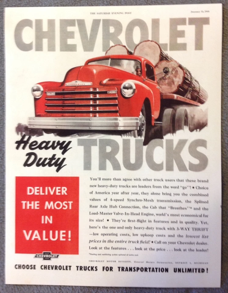 1949 CHEVROLET TRUCKS AD - From Saturday Evening Post -High Quality Reproduction - Image 1 of 1