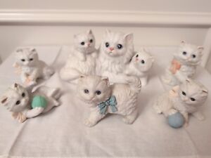 Vintage HOMCO Mother Cat Two Kittens +5 White Longhair Porcelain Figurines #1412