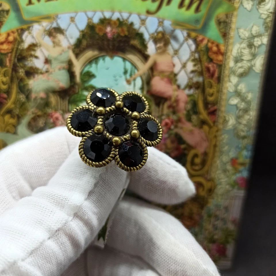 Michal Negrin Ring Gothic Large Chunky Black Flower With Swarovski Crystals New - Image 1 of 4