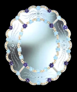 Specchio ovale con fiori in Vetro di Murano Oro azzurro inciso a mano in Italia - Picture 1 of 9