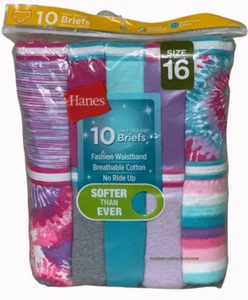 Hanes Girls Tagless Cotton Briefs Size 16 10-Pack Soft Fashion Waistband Breatha - Picture 1 of 2