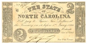 1861 State of North Carolina, Raleigh, NC 2 $ Schein Nr.8875 CR21 (59497) - Bild 1 von 2