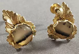 Vintage Earrings Agate Stone Brown Leaf Goldtone Screw Back 1950’s - Picture 1 of 4