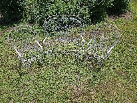 Vintage Victorian Twisted Metal 2 Childs Peacock  Chairs  And Settee Bench Cover