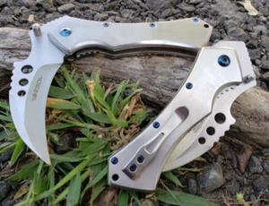 Silver Hawk Bill Claw Pocket Knife Tip Up Carry Blue Accent EDC 6.6 oz - Picture 1 of 20