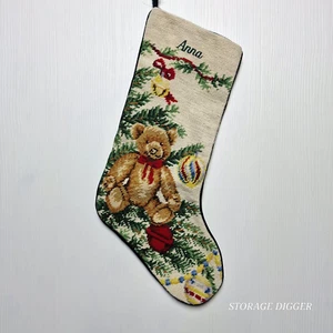 Lands' End Needlepoint Christmas Stocking "Anna", Christmas Tree & Teddy Bear - Picture 1 of 8