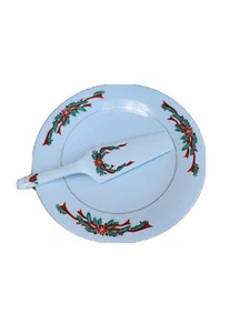 Vintage Fine Porcelain Tienshan Poinsettia Ribbon Pie Cake Platter & Spatula Set - Picture 1 of 6