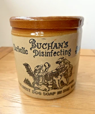 Antique Moira Buchan's Carbolic Disinfecting Dog Soap Stoneware Pottery Jar - Image 1 of 4