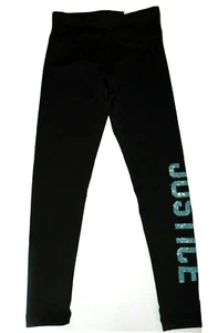 JUSTICE Girl's Leggings Black Aqua Blue Size 6 Polyester Glitter Logo NEW - Picture 1 of 3