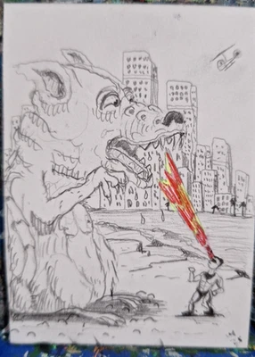 Superhero Saves City from Giant Rat ACEO ORIGINAL OOAK Graphite & Pen Jmg - Image 1 of 4