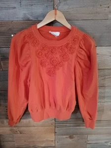 Anthropologie Embroidered Sweatshirt Sz. S Floral Puff Sleeve 100% Cotton Orange - Picture 1 of 15