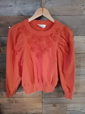Sudadera Anthropologie Bordada Talla Manga abullonada floral S 100 % algodón naranja Foto 1 de 4