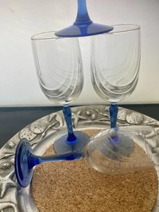 Libbey Weingläser Kobaltblau Stiel Klar Swag Drapiert Schale 4er Set Vintage - Bild 1 von 11
