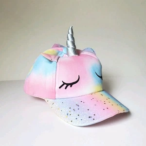 Girls Unicorn Hat Baseball Style Cap Pink W/ Glitter Bill Adjustable Silver Horn - Picture 1 of 10