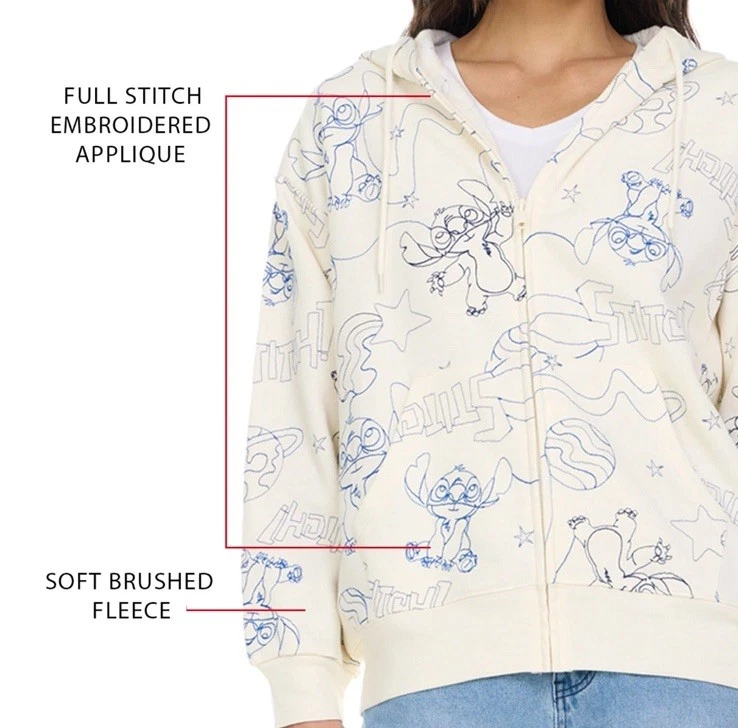 Disney Stitch Womens Full Zip Hoodie Sweatshirt Jacket Cream Size Large